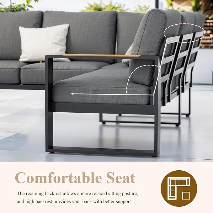 Aluminum Patio Furniture Set, All-Weather Outdoor Couch Sectional, L Shaped Patio Conversation Sets, Metal Corner Sofa with Teak Coffee Table (Cushion: Dark Gray, Black Frame)