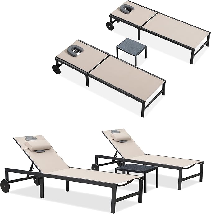 PURPLE LEAF Outdoor Tanning Lounge Chair Set with Face Hole Aluminum Adjustable Chairs Wheels Pillows and Table for Poolside Beach Patio Reclining Sunbathing Lounger Beige