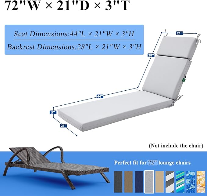 FILUXE Chaise Lounge Cushions Outdoor Furniture, High-Density Foam Chair Cushion with Ties, Weather & Fade Resistant - Patio Recliner Chairs Cushions for Lawn,Pool & Beach 72x21x3 Inch, Grey