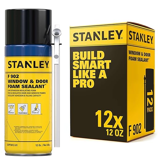 Stanley F902 Window & Door Foam Sealant (12x12 Oz.) – Low Expansion Polyurethane Insulating Spray Foam | Gaps and Cracks Filler for Window & Door Frames, Waterproof Sealant with Straw | 12 Oz. 12 Pack