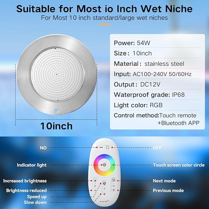Pool Lights for Inground Pool, LED Multicolor Inground Pools RGB Stainless Steel Underwater Light for Wet Niche, APP Control & Remote Control, Easy Install (10''-RGB-60W, 100FT)