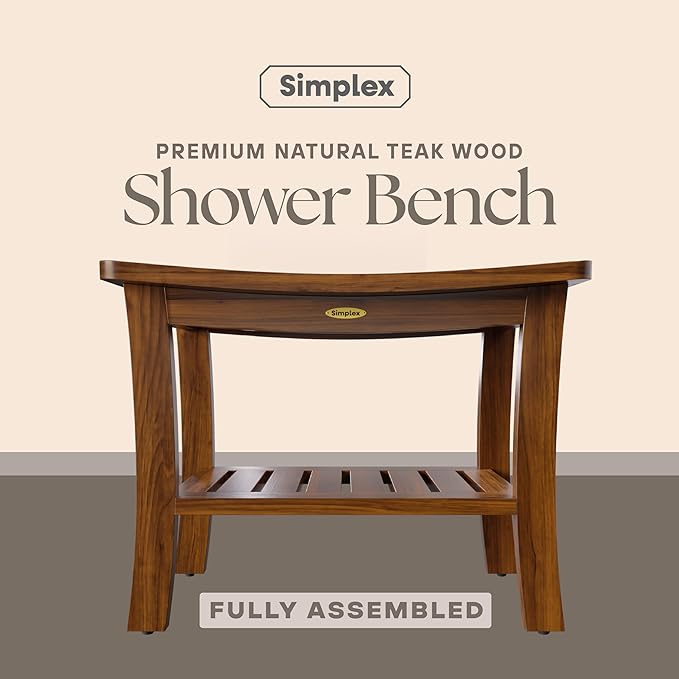 Simplex Teak Shower Bench, Fully Assembled Shower Stool, Water-Resistant Spa Seat, 20.8 Inch Non Slip Shower Bench, Indoor & Outdoor Use