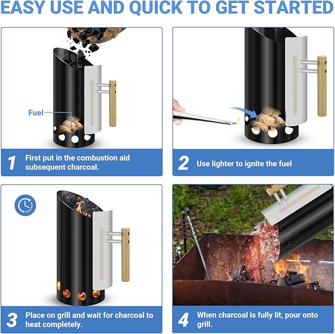 Thickened Durable Charcoal Chimney Starter with 24PCS Firelighters BBQ Oven Enamel firepit Starter SS Shelf Wooden Handel with Hex Screw and Tool Sloping Mouth Design Easy Burning and Using
