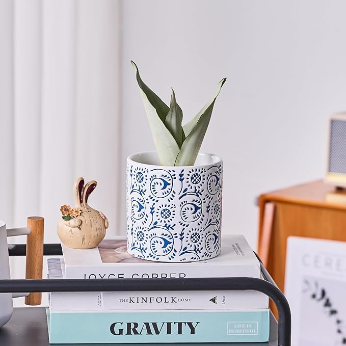 Ceramic Plant Pot for Indoor Plants, 4.7 Inch Boho Flower Pot with Drainage Holes, Modern Planter for Home & Office Decor(Blue)