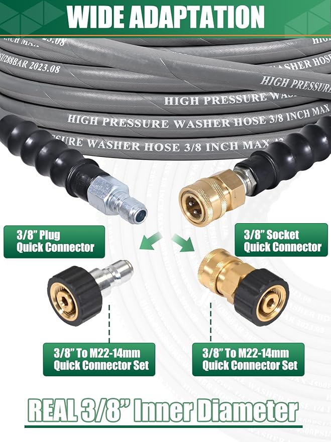 3/8" Pressure Washer Hose 35 FT 4500 PSI, Steel Braided Layer & NonMarking Rubber for Hot/Cold Water High Power Washer Replacement With 3/8 Inch Quick Connect & M22 Fitting, Industrial-grade