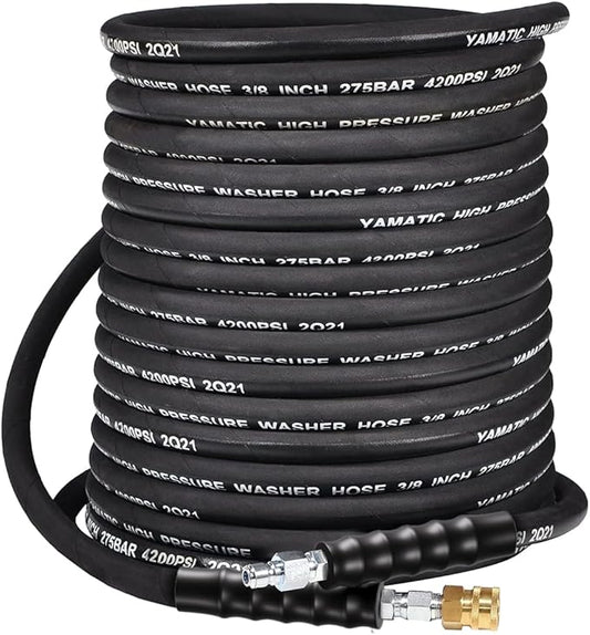 YAMATIC 3/8" Pressure Washer Hose 50 FT 4200 PSI for Hot/Cold Water, Kink Resistant Swivel 3/8" & M22-14 Quick Connection Wear Resistant Industry Grade Compatible with Most Power Washer