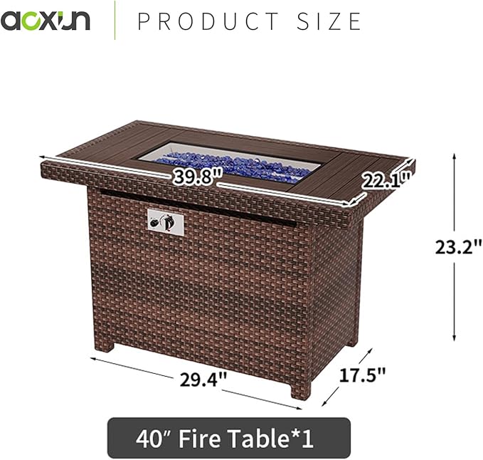 Aoxun 40" Propane Fire Pit 50,000 BTU Outdoor Wicker Fire Table with Wood-grainTabletop Patio Rectangular 2-in-1 Gas Fire Pit Table with Firepit Lid and Waterproof Cover（Brown）
