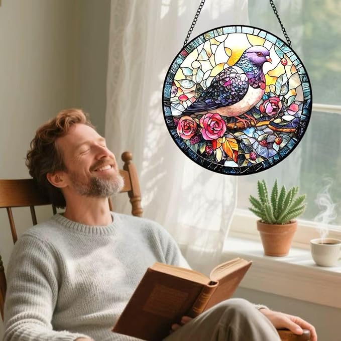 Stained Glass Window Hanging - Purple Bird and Pink Flowers Suncatcher fof Garden Home Decor for Women Mon Grandma Friends