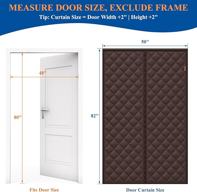 MAGZO Magnetic Insulated Thermal Door Curtain, 48" x 80", Three Layer Construction for Better Insulation, Weatherproofing Cover Blanket for Winter/Frameless Sliding Glass Doors, Keep Cold Out, Brown