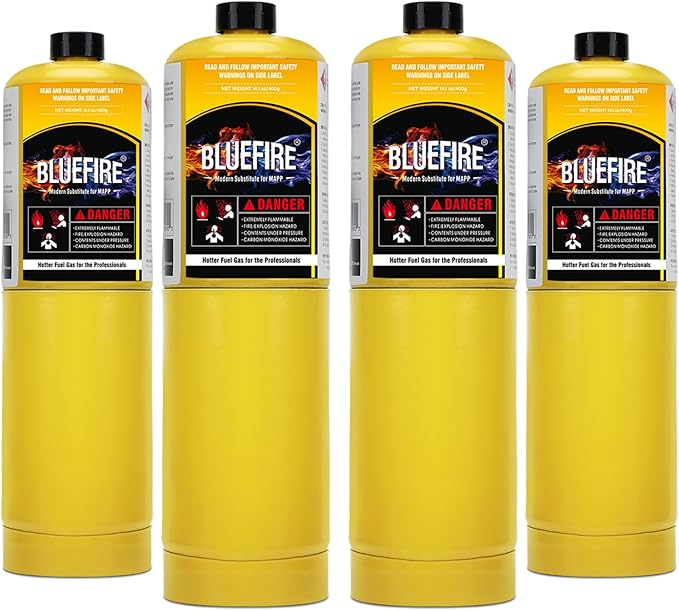 BLUEFIRE Modern MAPP Gas Cylinder, 14.1 oz, Hotter than Propane! Variation of Quantity Bundles Available (4)