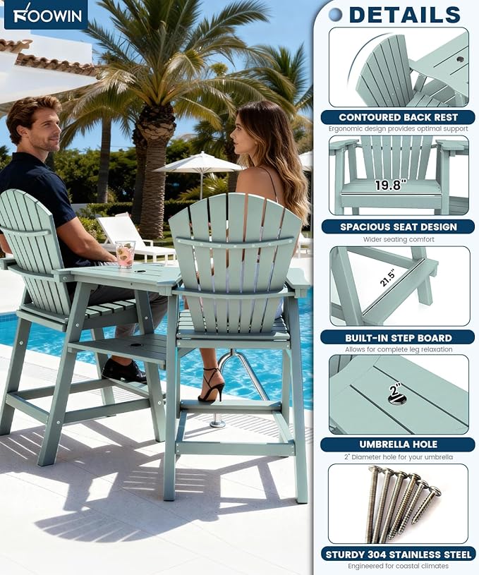 FOOWIN Tall Adirondack Chair Set of 4, All Weather HDPE Bar Height Adirondack Chair with Double Connecting Trays, Adirondack Barstools for Balcony, Deck, Backyard, Patio, Garden Aruban Blue