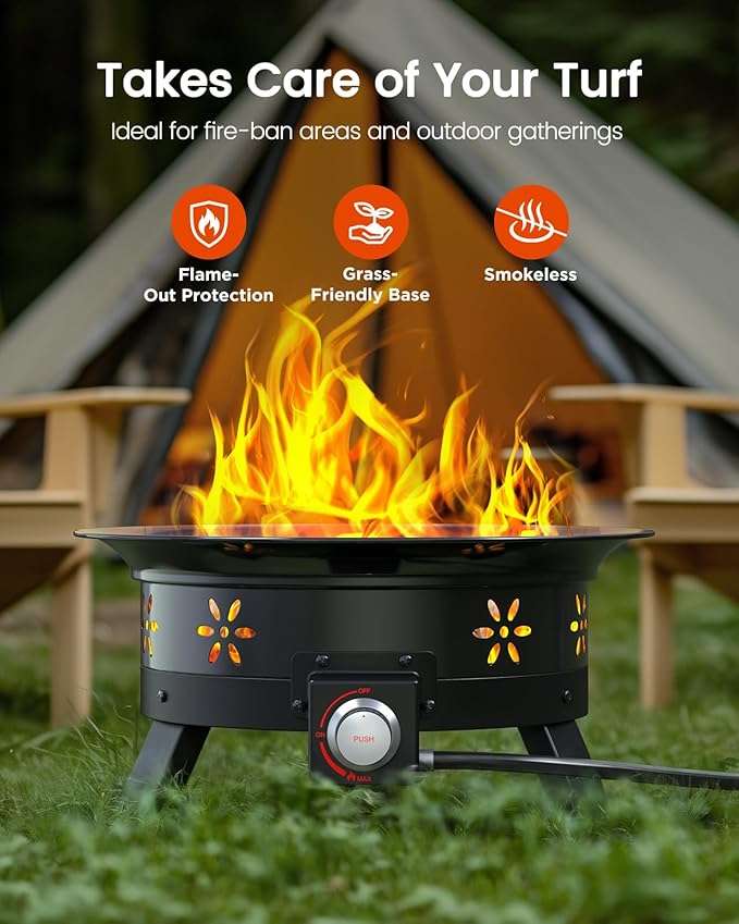 AMADA HOMEFURNISHING 19″ Propane Fire Pit with Grill Grate, 58,000 BTU, Folding Legs, Propane Tank Holder, Cover, and Carry Strap, No Ignition Needed, Easy Flame Adjustment, Portable