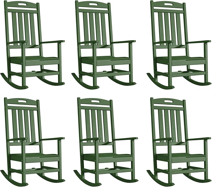 Outdoor Rocking Chair Set of 6, High Back Plastic Patio Rocking Chairs for Outside Porch Rocker Garden Lawn, All-Weather Resistant Poly Lumber Rocker Chair Outdoor, Dark Green
