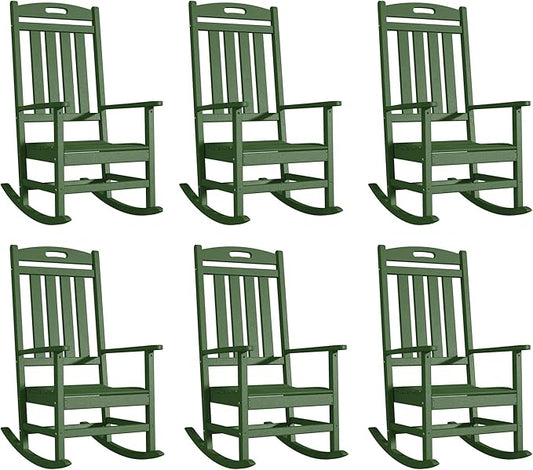 Outdoor Rocking Chair Set of 6, High Back Plastic Patio Rocking Chairs for Outside Porch Rocker Garden Lawn, All-Weather Resistant Poly Lumber Rocker Chair Outdoor, Dark Green