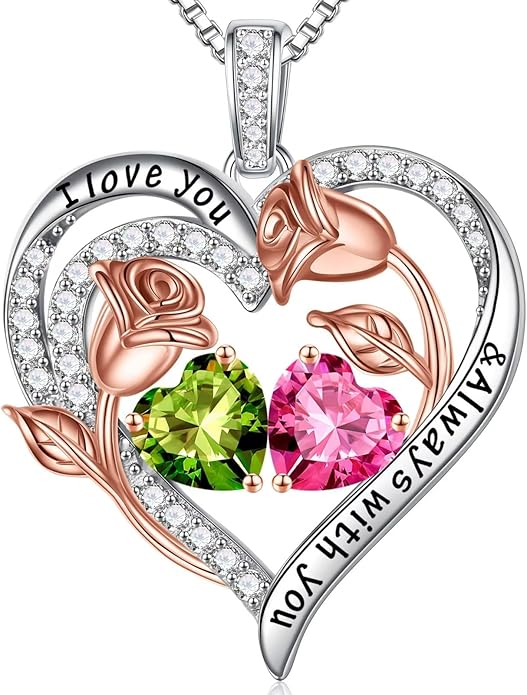 Iefil Christmas Gifts for Women Wife - 925 Sterling Silver Rose Heart Birthstone Necklace Birthday Anniversary Jewelry Gifts for Her Wife Mom Daughter