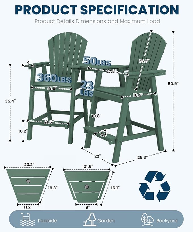 FOOWIN Tall Adirondack Chair Set of 8, All Weather HDPE Bar Height Adirondack Chair with Double Connecting Trays, Adirondack Barstools for Balcony, Deck, Backyard, Patio, Garden Dark Green
