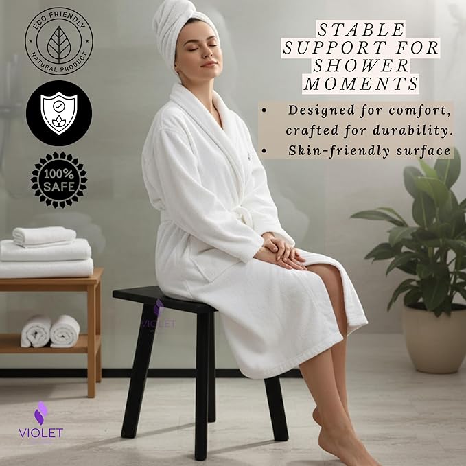 Black Teak Wood Shower Seat with Stainless Steel Legs – Waterproof Non-Slip Bath Stool, Indoor & Outdoor Use, 440 lbs Capacity, ADA Compliant, Handmade Compact Modern Design Bench