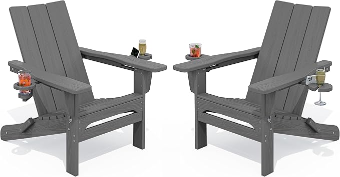 SERWALL Outdoor HDPE Adirondack Chair Set 2, Modern Folding Adirondack Chair with Cup Holders, Weather Resistant Fire Pit Chairs, Gray