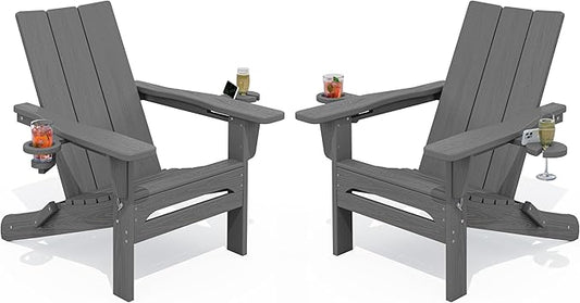 SERWALL Outdoor HDPE Adirondack Chair Set 2, Modern Folding Adirondack Chair with Cup Holders, Weather Resistant Fire Pit Chairs, Gray