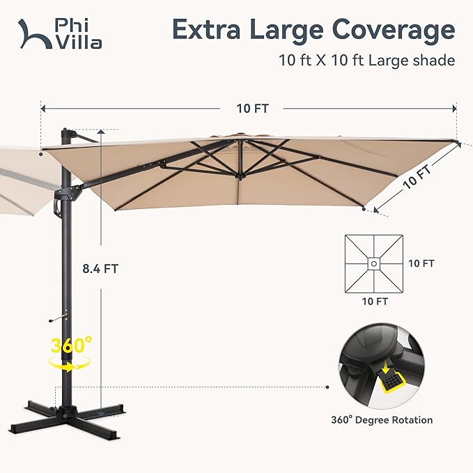 PHI VILLA 10ft Patio Umbrella with Base. 360° Rotation & 7-Level Tilt Outdoor Cantilever Umbrella with Easy Crank Handle. Square Offset Umbrella Heavy Duty for Garden Poolside Backyard (Beige)