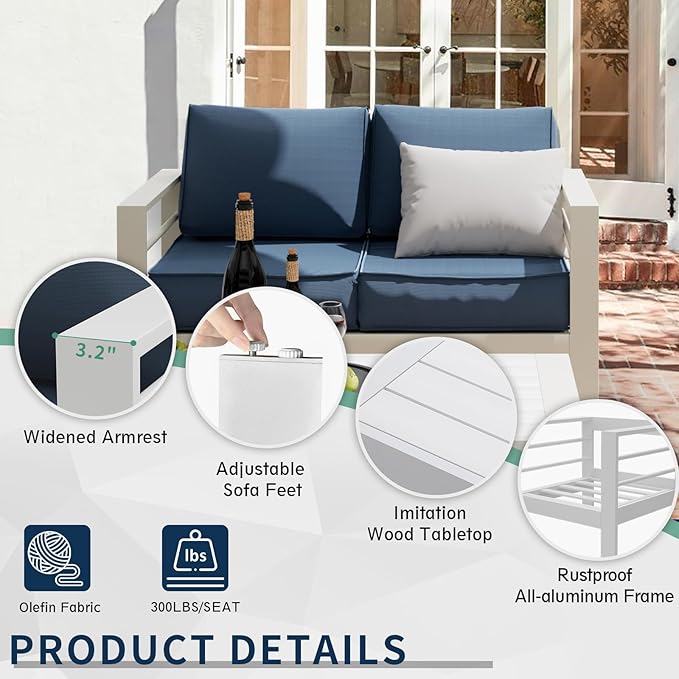 Amopatio Patio Furniture with Fire Pit, 6 Pcs Aluminum Outdoor Sectional Metal Patio Sofa Set with Aluminum Fire Pit Table for Backyard,White&Blue(Included Waterproof Covers)