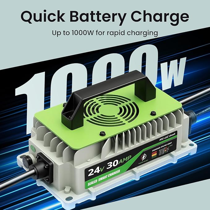 24V Lithium Battery Charger 30A LiFePO4 Charger 24 Volt Battery Charger for Forklift RV Boat Trolling Motor Solar System 1000W IP65 Waterproof with Cooling Fan Alligator Clips