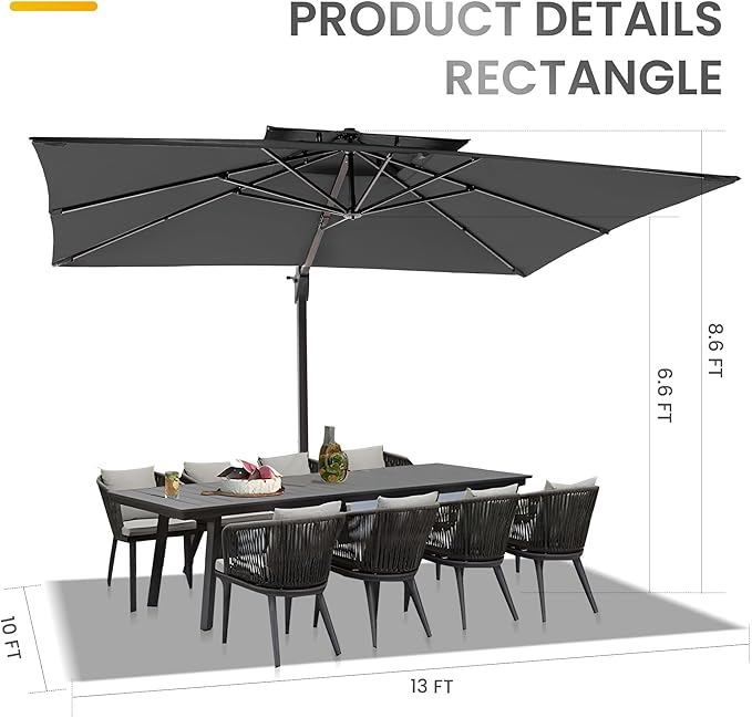 10 X 13 FT Cantilever Patio Umbrella with Base Included Outdoor Heavy Duty Double Top Windproof Rectangle Offset Umbrellas with 360-degree Rotation for Pool Deck Backyard, Grey