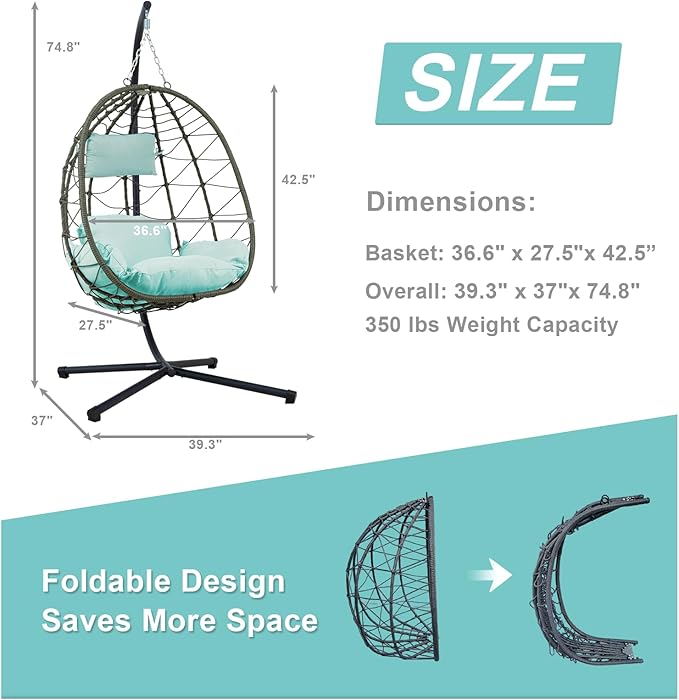 Hanging Egg Chair with Stand Egg Chair Indoor Outdoor, Patio Swing Hammock Egg Chairs, UV Resistant Removable & Washable Thicken Padded Cushions, 350LBS Capacity for Bedroom, Balcony, Garden