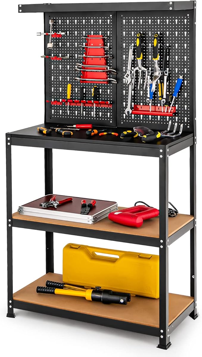 Goplus Workbench with Pegboard, 4-Tier 32” x 16” Work Table with 14 Pcs Hanging Accessories, Heavy Duty Metal Tool Stoage Bench, Work Bench for Garage, Workshop, Repair Shop
