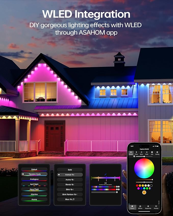 ASAHOM Permanent Outdoor Light Pro S108D, 200FT with 144 RGBCW LEDs, WLED Integration, AI Lighting, 30000 Lighting Effect Combination, IP67 Waterproof for Christmas New Year Daily Decor, White