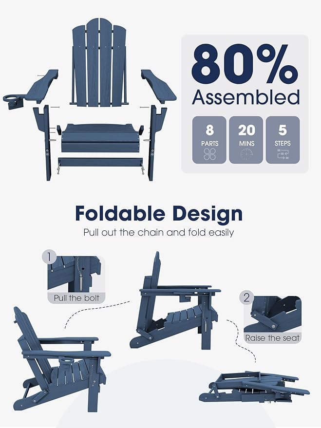 KINGYES Adjustable Folding Adirondack Chair Set of 2, 3-Position Reclining Adirondack Chairs with Cup Holder, HDPE All-Weather Oversized Adirondack for Outdoor, Patio, Backyard Deck, Fire Pit, Blue