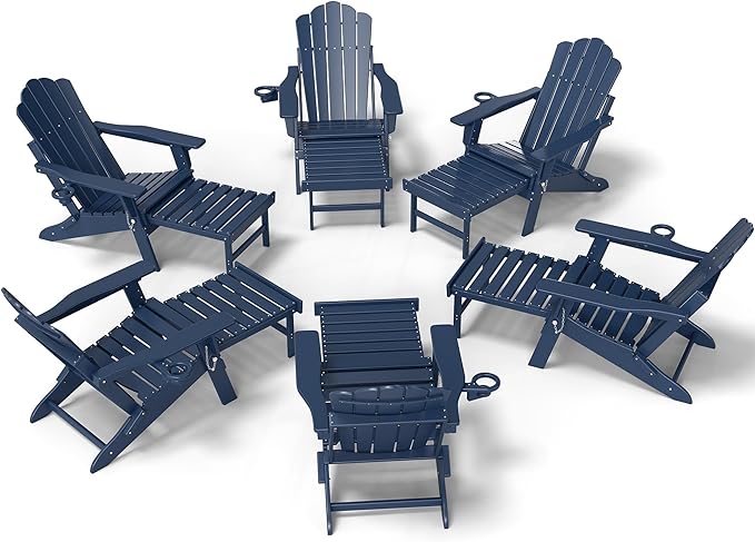 FOOWIN Adjustable Adirondack Chair with Retractable Ottoman Set of 6, Folding Adirondack Chair with Cup Holder, HDPE All-Weather Fire Pit Chair for Patio, Yard, Poolside, Navy Blue
