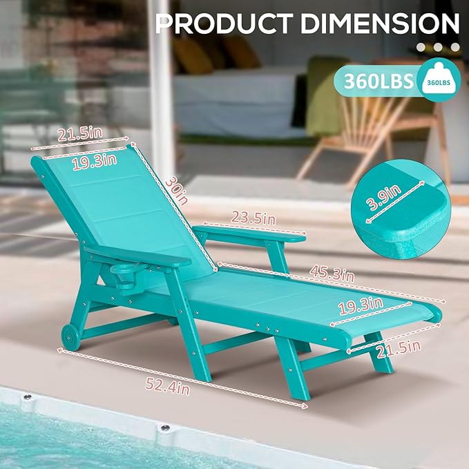 Outdoor Chaise Lounge Chair with Textilene Surface, 5-Position Adjustable Patio Lounge Chair with Wheels & Cup Holder, HDPE Pool Lounge Chair for Outside, Poolside & Beach (Aruba, 1)