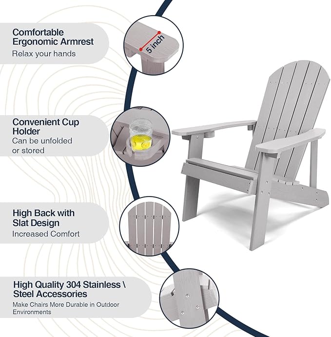 Adirondack Chairs Set of 2, All Weather Resistant Plastic Chairs with Cup Holder, 5 Easy Steps to Install, Outdoor Chairs for Patio, Garden, Backyard Deck, Lawn, Fire Pit - Grey