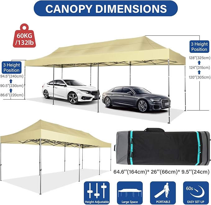 COBIZI 10x30 Pop up Canopy Heavy Duty Without Sidewalls, Easy Set-up Commercial Outdoor Party, 100% Waterproof Wedding Canopy Gazebo, 3 Height Adjustable with Wheeled Bag, Khaki
