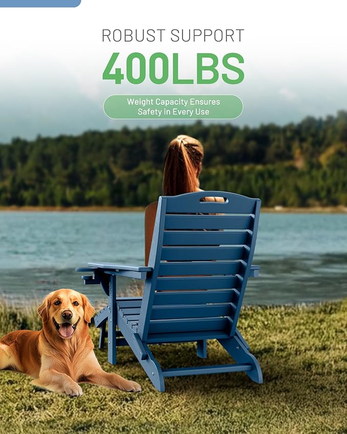 Folding Adirondack Chairs Set of 4,Adirondack Chair with Retractable Ottoman,Plastic Adirondack Chairs with 2 Cup Holder,Weather Resistant Patio Chair,Outdoor Chairs Set of 4(Navy Blue)