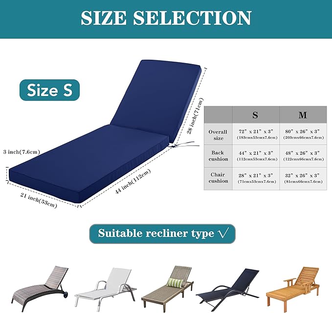 Outdoor Chaise Lounge Cushion Set of 2, Fadesafe Water-Repellent Lounge Deck Reclining Chair Cushions for Patio Furniture Lawn Pool Resort Hotel, 80x26x3 Inch, Navy