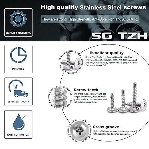 #8 x 5/8" Sheet Metal Screws 100PCS 410 Stainless Steel Truss Head Fast Self Tapping Screws by SG TZH