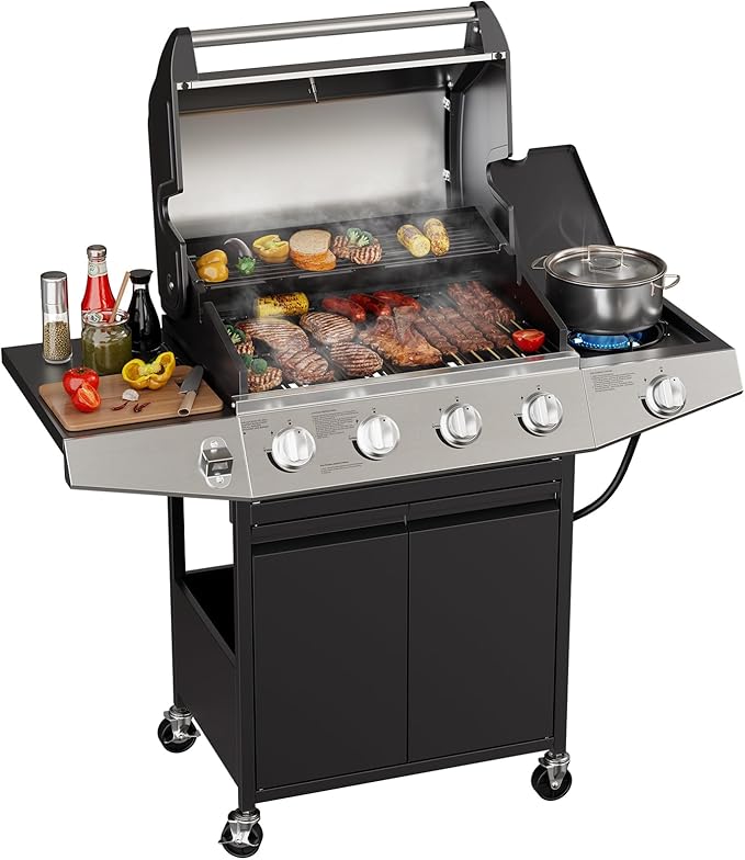 4 Burner Gas Grill with Side Burner,Stainless Steel Propane Grill Outdoor BBQ Grill with Oil Tray and Built-in Thermometer for Outdoor Barbecue, Camping, Patio, Backyard, 49,000 BTU