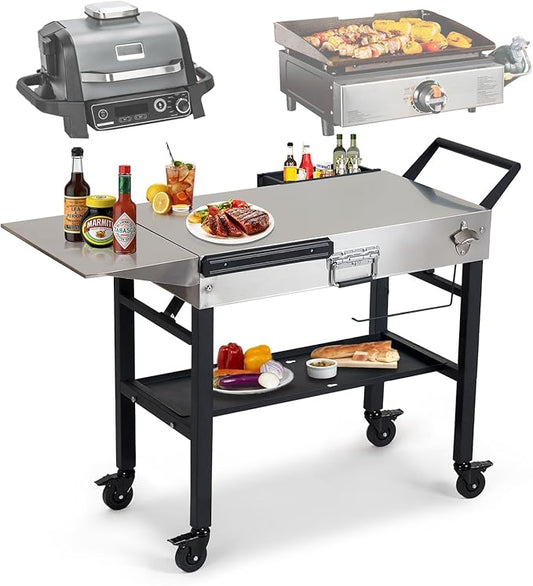Annualing Stainless Steel Portable Outdoor Grill Cart, Foldable Grill Table with Wheels, 31 x 17 Inch, Expansion Table, 17/22 Inch Blackstone Grills, Ninja Woodfire Grills, Pizza Ovens