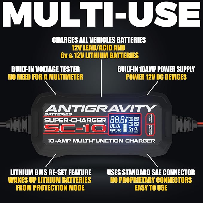 Antigravity SC-10 Super-Charger – 10A Smart Battery Charger & Maintainer for 6V/12V Lithium (LiFePO4) & Lead-Acid Batteries – LCD Display, Power Supply, BMS Reset, Multi-Protection
