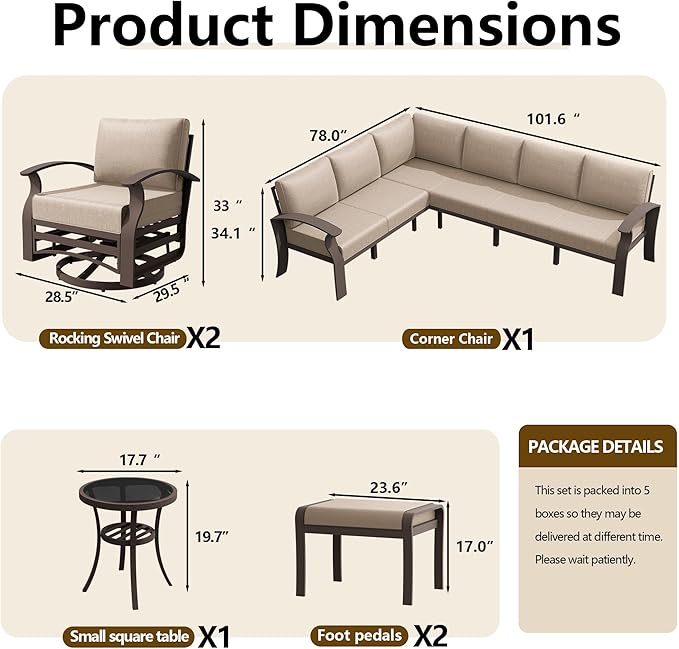 10-seat Aluminum Patio Furniture Set, L-Shaped Sectional Sofa with 5.1" Cushions, High Backrest & 2 Footstools, Durable Outdoor Patio Furniture Set, Backyard, Poolside - Sand