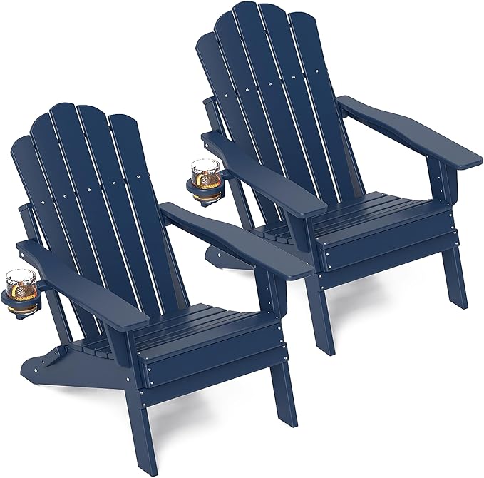 FOOWIN Adirondack Chair Set of 2, Folding Adirondack Chair with Cup Holder, HDPE All-Weather Fire Pit Chair for Patio, Garden, Backyard, Poolside, Navy Blue