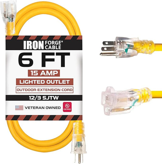 IRON FORGE CABLE 6 Foot Lighted Outdoor Extension Cord - 12/3 SJTW Heavy Duty Yellow Extension Cable with 3 Prong Grounded Plug for Safety, 15 AMP - Great for Garden and Major Appliances