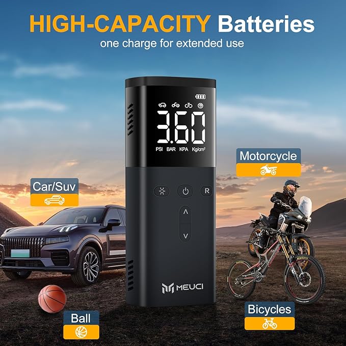 Tire Inflator Portable Air Compressor - Fast Cordless Air Pump for Car Tires, 150 PSI Electric Bike Tire Pump with LED Light & Digital Pressure Gauge for Motorcycle, Bicycle, Auto & Balls