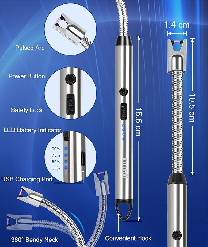Ounil Electric Lighter Candle lighters USB Rechargeable Type-C Windproof Flameless arc Lighter LED Battery Display, Suitable for Light Candle Firework BBQ Camping (Silver