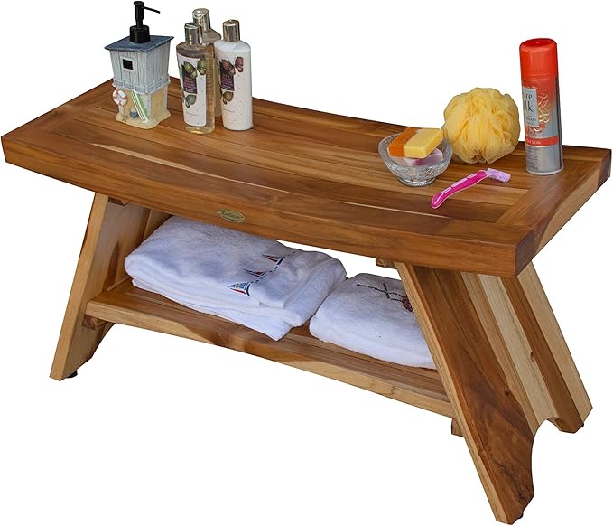 EcoDecors 35 Inch Serenity Teak Shower Bench – Waterproof Bathroom Seat with Large Storage Shelf For Adults & Seniors | Spa-Style Teak Wood Stool with Non-Slip Feet, Elegant Finish, 300 Pound Capacity