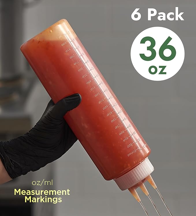 CURTA 6-Pack 36 oz Clear Squeeze Bottle with 3 Open Tips, BPA-Free Easy-to-Squeeze Plastic Condiment Dispenser with oz & ml Markings for Sauce, Oil, Dressing, Dishwasher Safe, White