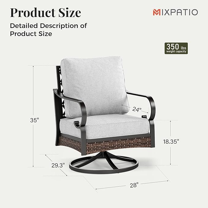 Outdoor Patio Swivel Sofa Chairs Set of 2 Steel Frame Porch Furniture with Deep Seating and 5.75" Cushions for Lawn Backyard Deck, Light Grey