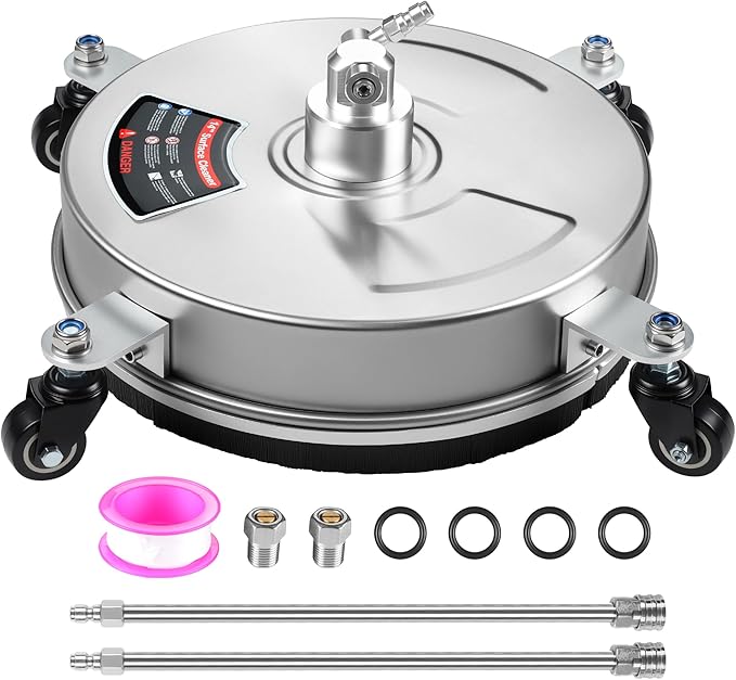 14" Pressure Washer Surface Cleaner with Wheels, 4000PSI Stainless Steel Surface Cleaner with 1/4" Quick Plug and 2 Extension Wands, for Patio Sidewalks, Deck, Porch Cleaning